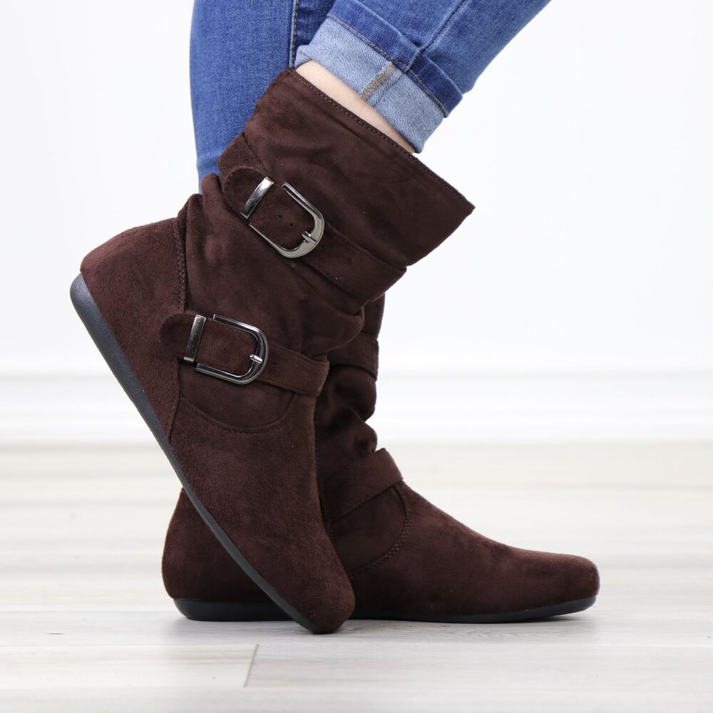 Brown Suede Buckle Boots  Flat Sole Slouchy Fit Everyday Fall Style - Picture 6 of 14